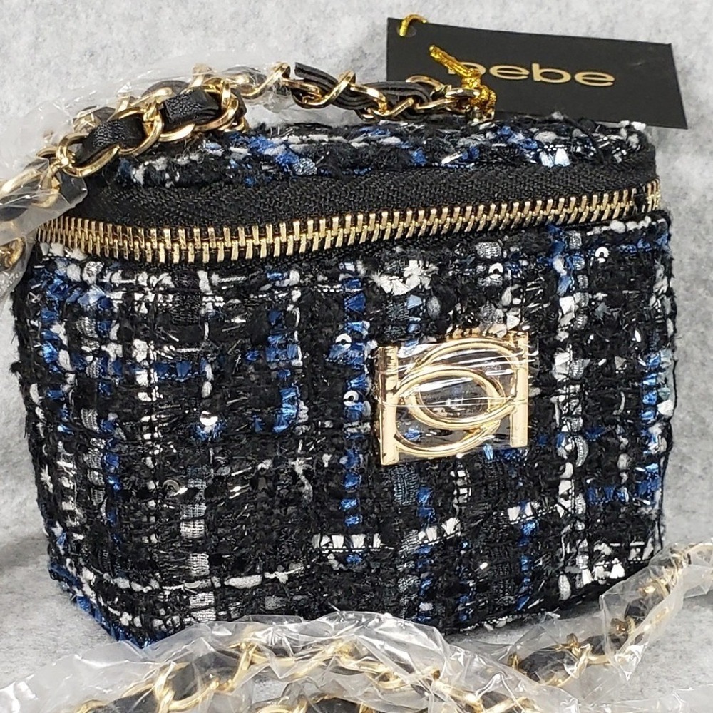 bebe Womens Crossbody Kamala Mini Tweed SQ Crossbody OS Black Blue Sequin Vanity